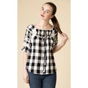 Marissa Webb Amalia Buffalo Plaid Blouse Black White Size‎ Small Scallop Trim